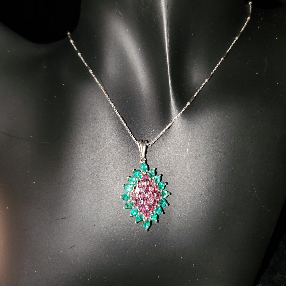 Genuine Chrome Diopside & Rhodolite Cluster Pendant in Sterling Silver